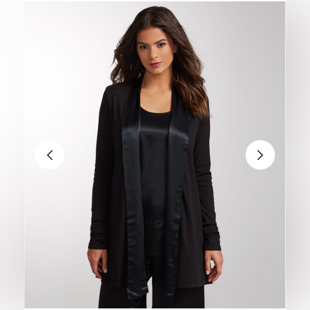 PJ Harlow “Shelby” rob knit cardigan with satin trim